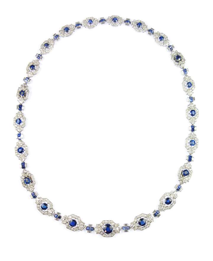 Art Deco diamond and sapphire necklace converting to bracelets or collar and bracelet